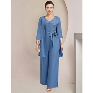 Two Piece Jumpsuit  Pantsuit Mother of the Bride Dress Wedding Guest Plus Size Elegant Casual V Neck Ankle Length Lace Stretch Chiffon 34 Length Sleeve Wrap Included with Bow(s) Appliques 2023 Lightinthebox