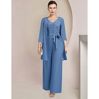 Two Piece Jumpsuit  Pantsuit Mother of the Bride Dress Wedding Guest Plus Size Elegant Casual V Neck Ankle Length Lace Stretch Chiffon 34 Length Sleeve Wrap Included with Bow(s) Appliques 2023 Lightinthebox - thumbnail
