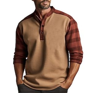 Graphic Plaid Color Block Fashion Daily Casual Men's 3D Print Henley Shirt Casual Holiday Going out T shirt Blue Brown Green Long Sleeve Henley Shirt Spring   Fall Clothing Apparel S M L XL XXL 3XL Lightinthebox