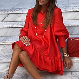 Women's A Line Dress Short Mini Dress Green White Black Red Long Sleeve Solid Color Ruffle Zipper Fall V Neck Casual 2021 S M L XL XXL 3XL / Cotton miniinthebox
