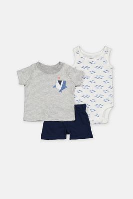 Baby Boy Shark 3 Piece Short Set  Grey Combo
