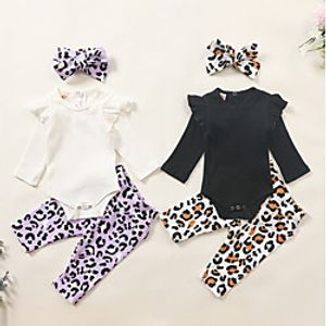 3 Pieces Baby Girls' Basic Leopard Long Sleeve Regular T-shirt  Shorts Clothing Set White Black miniinthebox