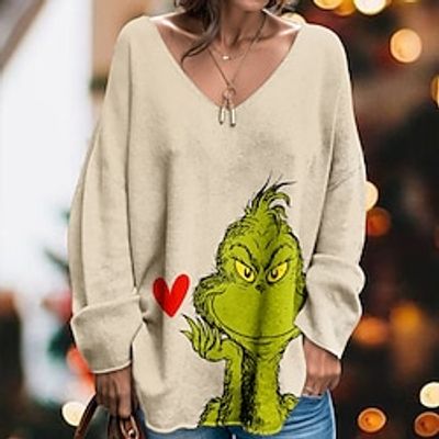 Women's T shirt Tee Christmas Shirt Khaki Graphic Ugly Christmas Print Long Sleeve Christmas Weekend Festival  Holiday V Neck Regular Fit Painting Spring   Fall Lightinthebox