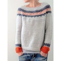 Women's Pullover Sweater Jumper Crew Neck Ribbed Knit Acrylic Patchwork Fall Winter Regular Outdoor Daily Going out Stylish Casual Soft Long Sleeve Color Block Light Grey S M L miniinthebox - thumbnail