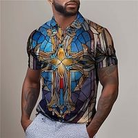 Floral Cross Men's Vintage Print 3D Golf Polo Outdoor Daily Wear Streetwear Polyester Short Sleeve Turndown Polo Shirts Lake blue Red Summer S M L Micro-elastic Lapel Polo Lightinthebox - thumbnail
