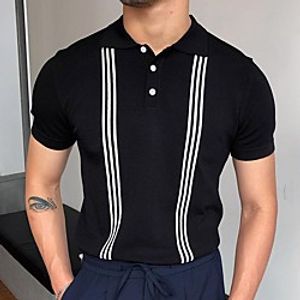 Men's Unisex Pullover Knitted Striped Stylish Vintage Style Short Sleeves Sweater Cardigans Shirt Collar Summer Black miniinthebox