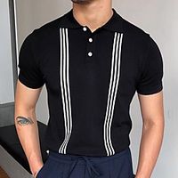 Men's Unisex Pullover Knitted Striped Stylish Vintage Style Short Sleeves Sweater Cardigans Shirt Collar Summer Black miniinthebox - thumbnail