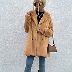 Women's Teddy Coat Windproof Warm Outdoor Street Daily Vacation Button Double Breasted Turndown Street Style Solid Color Regular Fit Outerwear Long Sleeve Winter Fall Camel Light Grey S M L Lightinthebox