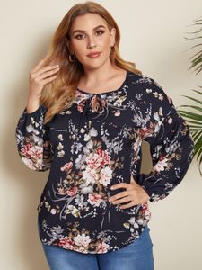 Plus Size Floral Print Tie-up Design Long Sleeves Blouse