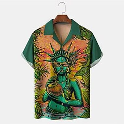 Men's Shirt 3D Print Human Turndown Street Daily 3D Button-Down Short Sleeve Tops Casual Fashion Breathable Comfortable Green Lightinthebox