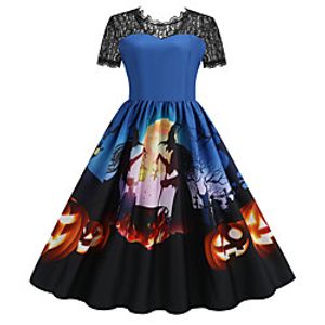 Women's A Line Dress Midi Dress Blue Long Sleeve Print Vintage Style Summer V Neck Vintage 2021 S M L XL XXL XXXL miniinthebox