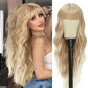 Long Blonde Wigs with Bangs for Women Curly Wavy Hair Wigs Heat Resistant Synthetic Fiber Wigs for Daily Party Use 26 Inches miniinthebox