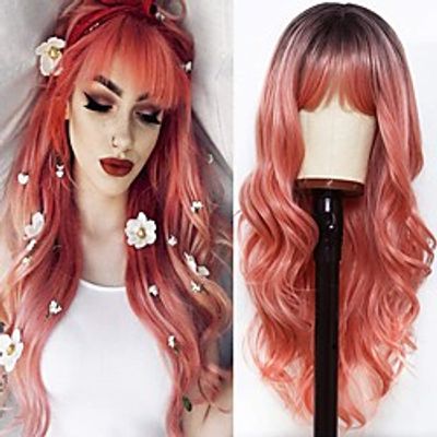Pink Wavy Wig Glueless Natural Wigs Long Wigs Body Wave Synthetic 100% Temperature Fiber Hair Wig With Bangs For Women 22 Inch Dark Root Ombre Pink Hair Wigs Lightinthebox
