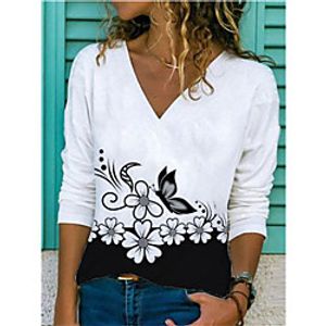 Women's Painting T shirt Butterfly Flower Long Sleeve V Neck Basic Tops White Lightinthebox