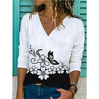 Women's Painting T shirt Butterfly Flower Long Sleeve V Neck Basic Tops White Lightinthebox - thumbnail