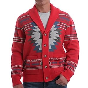 Men's Cardigan Sweater Chunky Cardigan Ribbed Knit Regular Pocket Cropped Pattern Shawl Collar Warm Ups Modern Contemporary Daily Wear Going out Clothing Apparel Winter Red  White M L XL Lightinthebox