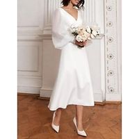 Little White Dresses Wedding Dresses A-Line V Neck Long Sleeve Tea Length Satin Bridal Gowns With Pleats Solid Color 2023 Lightinthebox - thumbnail