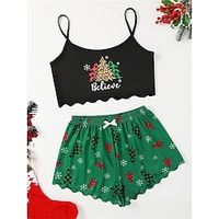 Women's Christmas Lounge Sets Letter Santa Claus Fashion Comfort Soft Home Daily Polyester Breathable Straps Sleeveless Strap Top Shorts Elastic Waist Fall Winter Red elk Red snowman Lightinthebox - thumbnail