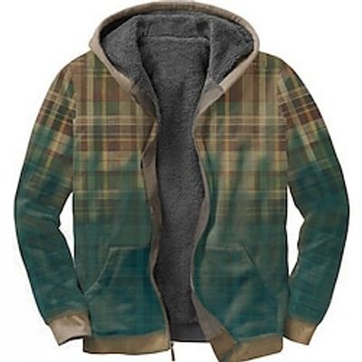 Men's Fleece Jacket Full Zip Hoodie Fleece Hoodie Sherpa Jacket Khaki Hooded Color Block Graphic Prints Tartan Zipper Print Casual Daily Sports 3D Print Fleece Basic Designer Casual Fall  Winter Lightinthebox