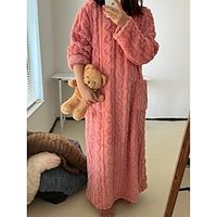 Women's Fleece Bathrobe Dress Pure Color Plush Casual Comfort Home Daily Bed Coral Fleece Coral Velvet Warm Crew Neck Long Sleeve Pocket Fall Winter White Pink Lightinthebox - thumbnail