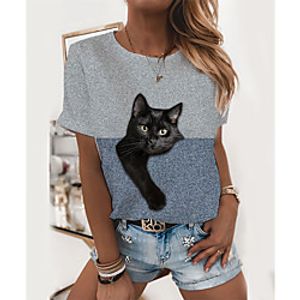 Women's T shirt Cat Color Block 3D Print Round Neck Tops Basic Basic Top Wine Green Gray miniinthebox