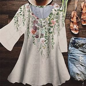 Women's Plus Size Tops Blouse Shirt Floral Print 34 Length Sleeve Crewneck Casual Daily Holiday Cotton Spandex Jersey Winter Fall khaki Lightinthebox