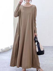 Solid Color Round Neck Long Sleeve Dress
