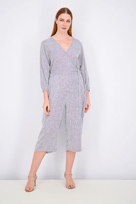 Womens Petite Stripe V-neckline 3/4 Sleeve Jumpsuit Navy/White Womens Petite Stripe V-neckline 3/4 Sleeve Jumpsuit Navy/White