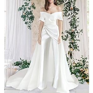 Hall Casual Wedding Dresses Chapel Train Jumpsuits Sleeveless Off Shoulder Satin With Solid Color 2023 Bridal Gowns Lightinthebox