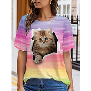 Women's 3D Cat Painting T shirt Cat 3D Animal Print Round Neck Basic Tops Purple Lightinthebox