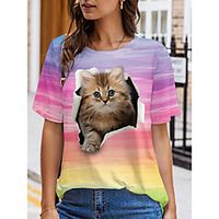 Women's 3D Cat Painting T shirt Cat 3D Animal Print Round Neck Basic Tops Purple Lightinthebox - thumbnail
