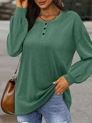 Casual Loose Solid Color Button Crew Neck Long Sleeve T-Shirt