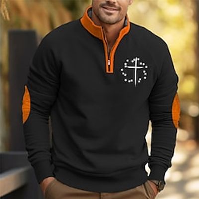 Graphic Star Faith Daily Casual Vintage Retro Men's Sweatshirt Quarter Zip Sweatshirt Holiday Vacation Going out Sweatshirts Black White Khaki Quarter Zip Patchwork Print Spring   Fall Designer Lightinthebox