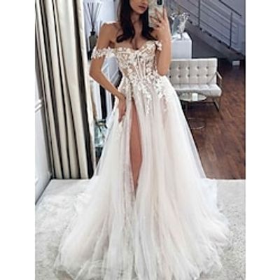 Beach Formal Wedding Dresses A-Line Off Shoulder Sleeveless Sweep  Brush Train Lace Bridal Gowns With Pleats Split Front 2023 Lightinthebox