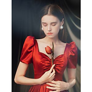 A-Line Elegant Vintage Prom Formal Evening Dress Scoop Neck Short Sleeve Floor Length Italy Satin with Bow(s) 2021 Lightinthebox