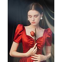 A-Line Elegant Vintage Prom Formal Evening Dress Scoop Neck Short Sleeve Floor Length Italy Satin with Bow(s) 2021 Lightinthebox - thumbnail