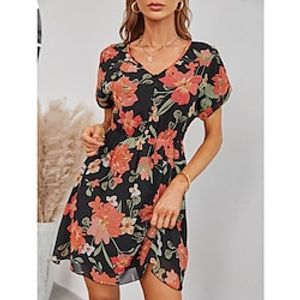Women's Casual Dress Midi Dress Black Orange White Short Sleeve Print Summer V Neck Weekend Slim Boom Sale Dress S M L XL Lightinthebox