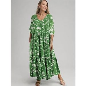 Women's Velvet Dress Vintage Dress Floral Ruffle Print V Neck Midi Dress Vintage Ethnic Street Holiday 34 Length Sleeve Regular Fit Green Summer Spring S M L XL XXL Lightinthebox