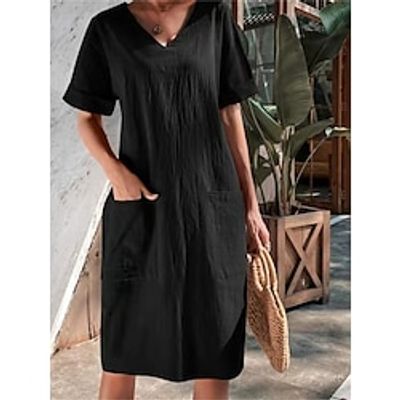 Women's Casual Dress Cotton Dress Midi Dress Cotton Fashion Basic Outdoor Daily Vacation V Neck Pocket Short Sleeve Summer Spring 2023 Loose Fit ArmyGreen Black White Plain S M L XL 2XL Lightinthebox