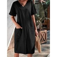Women's Casual Dress Cotton Dress Midi Dress Cotton Fashion Basic Outdoor Daily Vacation V Neck Pocket Short Sleeve Summer Spring 2023 Loose Fit ArmyGreen Black White Plain S M L XL 2XL Lightinthebox - thumbnail
