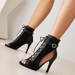 Women's Heels Sandals Boots Summer Boots Lace Up Boots Heel Boots Party Club Lace-up Stiletto Peep Toe Fashion Minimalism Faux Suede Buckle Almond Black Lightinthebox