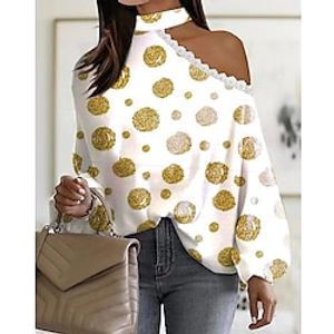 Women's Blouse Shirt White Polka Dot Cut Out Lace Trims Long Sleeve Daily Weekend Streetwear Casual One Shoulder Regular S / 3D Print / Print miniinthebox