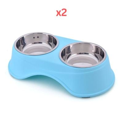 Pets Club Double Dining Pet Feedrer With Stainless Steel Bowl & Non Slip Rubber Bottom Blue - 36.5X19X9Cm (Pack of 2)