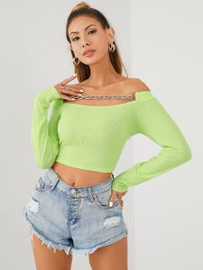 YOINS Chain Design Off The Shoulder Long Sleeves Crop Top