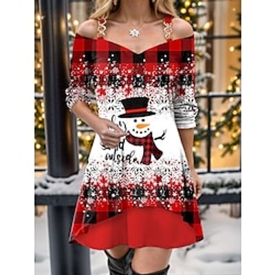 Women's Casual Dress Christmas Dress Velvet Dress Plaid Snowman Patchwork Layered Strap Mini Dress Fashion Modern Outdoor Christmas Long Sleeve Regular Fit Wine Fall Winter S M L XL XXL Lightinthebox