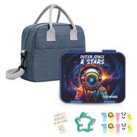 Eazy Kids 6 - 4 Convertible Bento Lunch Box With Lunch Bag And Sandwich Cutter Set - Outer Space Blue