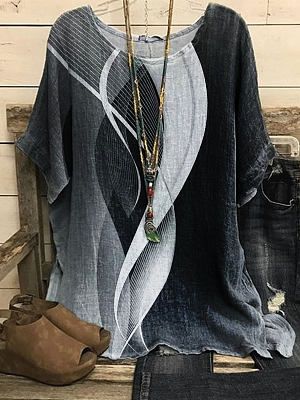 Round Neck Casual Loose Line Printed Short-sleeved Blouse Round Neck Casual Loose Line Printed Short-sleeved Blouse