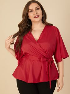 Plus Size V-neck Belt design Wrap design Half Sleeves Blouse