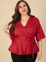 Plus Size V-neck Belt design Wrap design Half Sleeves Blouse - thumbnail