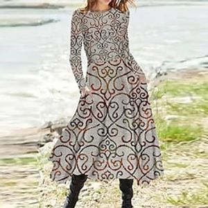 Women's A Line Dress Midi Dress Green Khaki Long Sleeve Floral Pocket Print Fall Spring Round Neck Casual Vacation 2022 S M L XL XXL 3XL miniinthebox